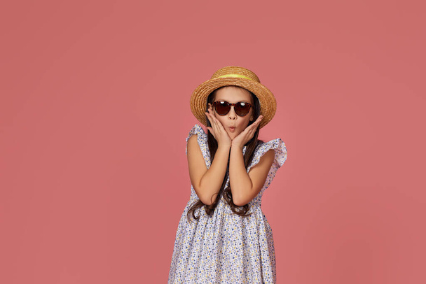 cute little child girl in summer dress, hat and sunglasses - 写真・画像