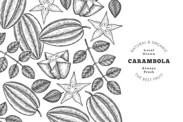 Elle çizilmiş eskiz tarzı Carambola afişi. Organik taze meyve vektörü çizimi. Retro meyve tasarım şablonu - Vektör, Görsel