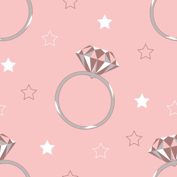Patrón vectorial sin costuras con anillo de diamantes sobre fondo rosa. Hermoso diseño de papel tapiz símbolo de boda. Propuesta decorativa moda textil. - Vector, Imagen