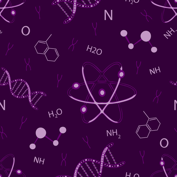 Nahtloses Vektormuster mit DNA und Atomen auf violettem Hintergrund. Einfaches wissenschaftliches Tapetendesign. Dekorative Chemie Mode Textil. - Vektor, Bild
