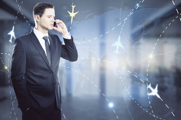 Business trip and online booking concept with businessman talking on the phone on digital screen with plane icons flying in different directions with dotted lines - Foto, Bild