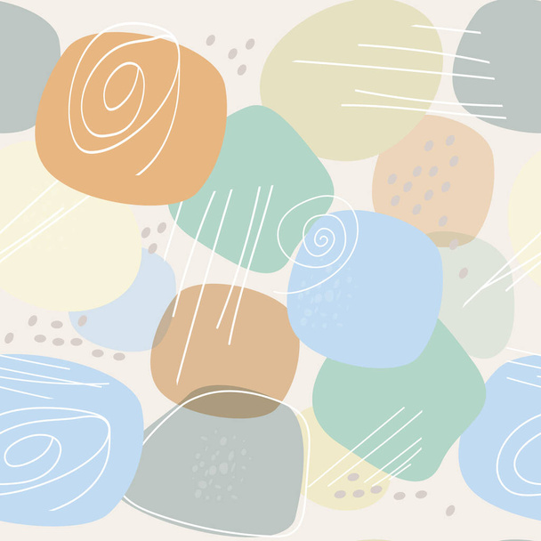 Seamless pattern with an abstract composition of simple shapes and lines. Collage style, minimalism. Colored stones. Pastel earthy colors. Vector background for cover, print for clothes, textiles. - Vector, Image