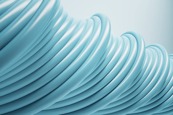 Light blue spiral pattern made of multiple wires on a light blue background closeup, wallpaper and background presentation design concept, 3d rendering - Fotoğraf, Görsel