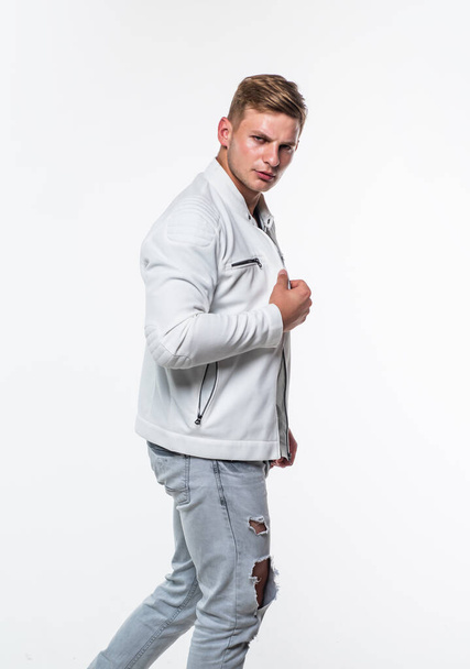 young confident guy in white urban clothes, fashion - Фото, зображення