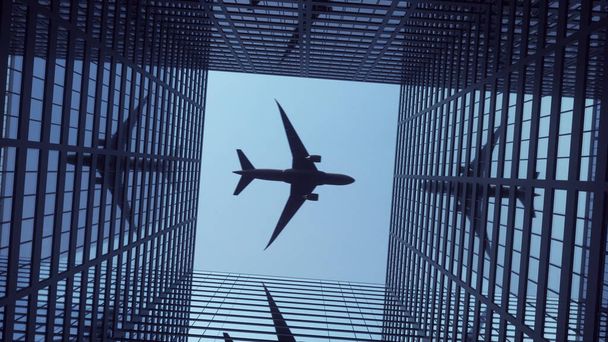 Avion survolant des gratte-ciel modernes contre un beau ciel bleu. Rendu 3d. - Photo, image