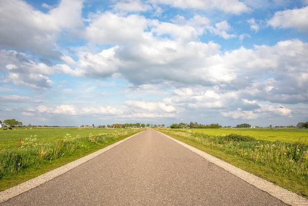 Road in Holland countryside, perspective, under cloudy skies and between green meadows and a faraway straight horizon. - Foto, imagen