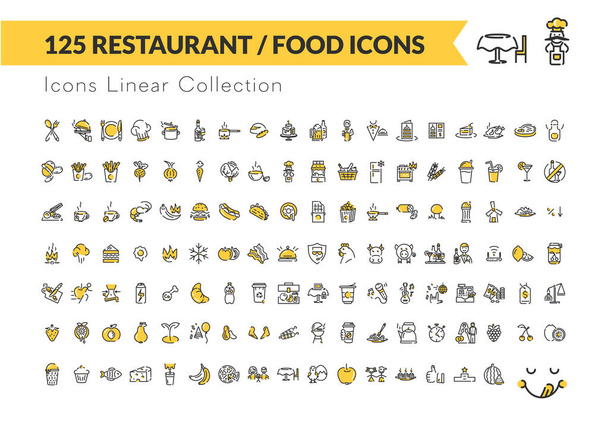 Estate icons. Restaurant and food icon. Flat linear icon set. Including all aspects of the restaurant business. Money, people, food, fruit, instrument and other. Two colors. Yum-yummy - Vector, Image
