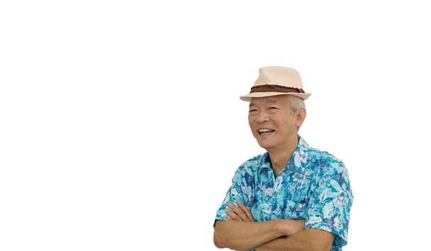 Asian senior man retired elderly in hawaii shirt straw hat happy vacation mode isolated copy space - Foto, afbeelding
