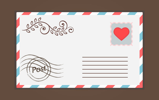 Cute white sealed envelope with heart stamp and drawing on brown background - Vector, Image