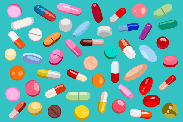 Tapéta egy orvosi téma formájában sok tablettát és tablettát egy türkiz háttér. Vektorillusztráció. - Vektor, kép