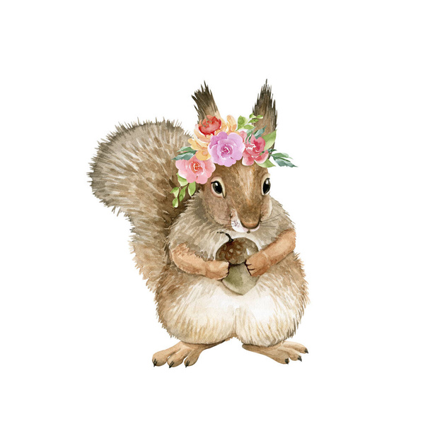 acuarela ilustración animal ardilla roja con nuez y corona floral. pintado a mano de cerca - Foto, Imagen
