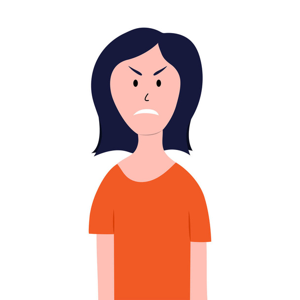 Изолированная сердитая девушка на белом фоне для концептуального оформления в стиле мультфильма. Девушка в оранжевой футболке. Аватар - Вектор,изображение