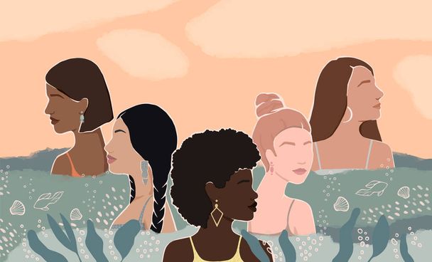 Çeşitli etnik çeşitlilikteki kadınlar güneş doğarken denizin dalgalarında birlikte. Vektör fantezi soyutlaması düz çizim. Poster, kartpostal, pankart, dergi koyları için - Vektör, Görsel