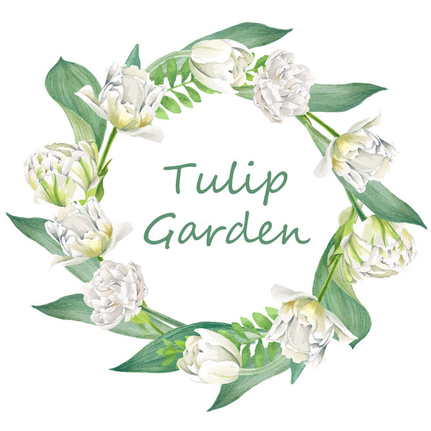 Grinalda floral composta por tulipas e folhas, - Vetor, Imagem