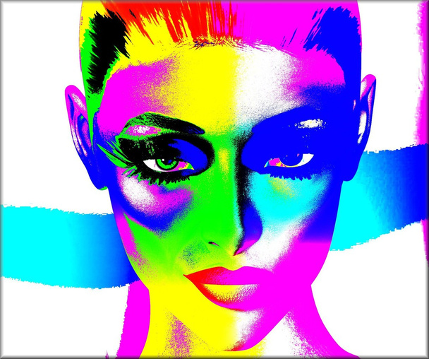 Colorida imagen de arte pop de la cara de una mujer sobre un fondo blanco. Una imagen abstracta de estilo punk
. - Foto, imagen