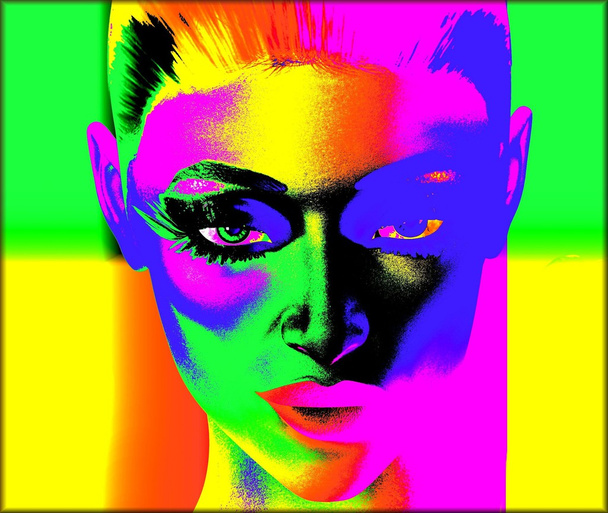 Красочный поп-арт изображение женского лица на мрачно-цветном фоне
. - Фото, изображение
