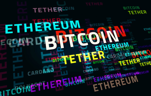 Bitcoin Ethereum und Tether abstraktes Konzept. Polkadot, Cardano und Litecoin Text 3D Illustration. - Foto, Bild