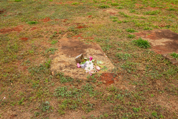 Dettaglio di una tomba a terra con erba intorno e un vaso di fiori caduto. Parco del cimitero. - Foto, immagini