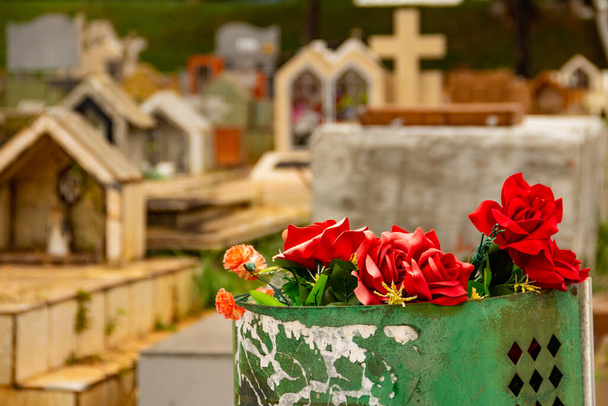 Algumas rosas vermelhas dentro de uma lixeira em um cemitério na cidade de Goiânia. Parque do Cemitério. - Foto, Imagem