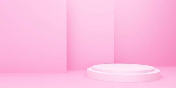 3D візуалізація порожнього рожевого подіуму абстрактного мінімального фону. Сцена для рекламного дизайну, косметичної реклами, шоу, технології, їжі, банера, вершків, моди, дитини, розкоші. Ілюстрація. Відображення продукту
 - Фото, зображення