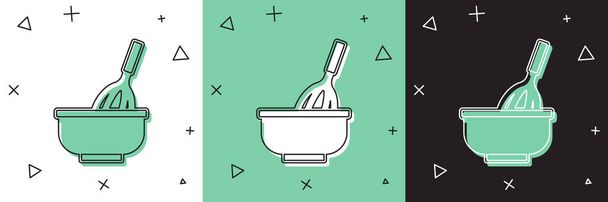 Set Kitchen whisk com ícone de tigela isolado em branco e verde, fundo preto. Utensílio de cozinha, batedor de ovos. Sinal de talheres. Símbolo de mistura de alimentos. Vetor. - Vetor, Imagem