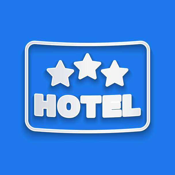 Papírvágás Kültéri hirdetés szöveggel Hotel ikon elszigetelt kék háttérrel. Papírművészeti stílus. Vektor. - Vektor, kép
