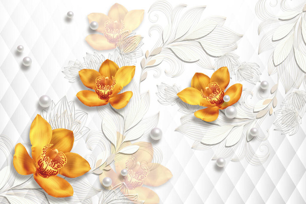 3D壁紙のテクスチャ、黄色の蘭、白い抽象的な背景の真珠 - 写真・画像