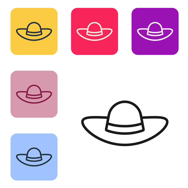 Schwarze Linie Elegante Frauen Hut Symbol isoliert auf weißem Hintergrund. Setzen Sie Symbole in farbigen quadratischen Tasten. Vektor. - Vektor, Bild