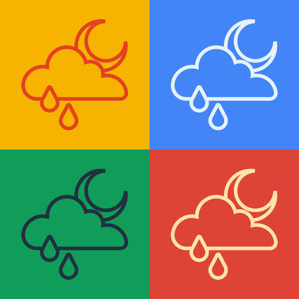 Pop-Art-Linie Wolke mit Regen und Mond-Symbol isoliert auf farbigem Hintergrund. Regenwolken mit Regentropfen. Vektor. - Vektor, Bild