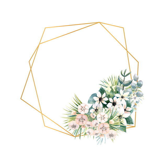 Frame met kleine bloemen van actinidia, bouvardia, tropische en palmbladeren. Bruiloft boeket in een frame voor het ontwerp van een stijlvolle uitnodiging. Aquarelillustratie - Foto, afbeelding