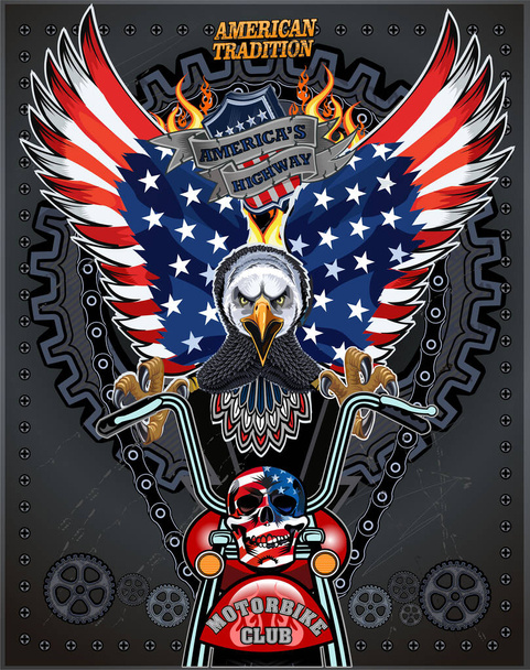 Moottoripyörä ja luuranko ratsastaja American Eagle USA lippu - Vektori, kuva