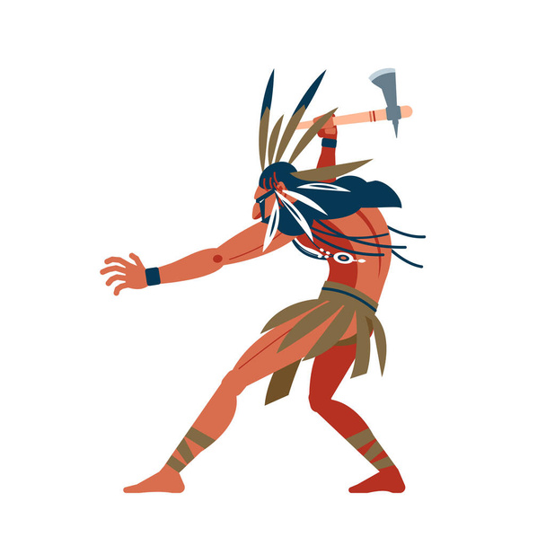 インディアン戦士は獲物を攻撃するために走った。異常な凶暴な衣装、宝石類、化粧戦闘と手にトマホーク。漫画、フラットベクトルイラスト隔離された白い背景 - ベクター画像