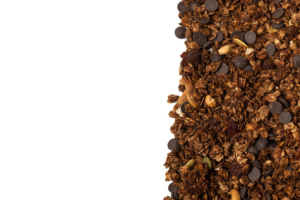 Chocolate granola cereal with nuts background. Top view.  - Zdjęcie, obraz