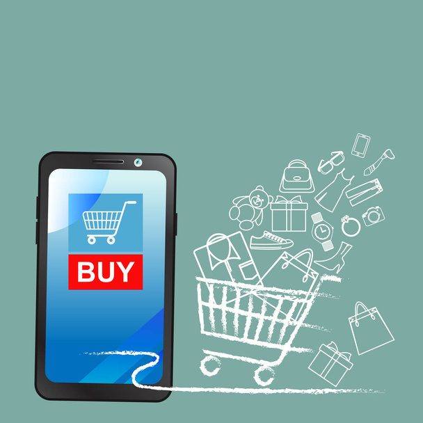 Το κατάστημα στο Smartphone με οθόνη για την ιστοσελίδα του ηλεκτρονικού καταστήματος. τις ηλεκτρονικές αγορές στοιχείων ιστοσελίδας. Μαζί με το Καλάθι, την Αγορά. και το προϊόν. Αγορές online έννοια διανυσματική απεικόνιση. - Διάνυσμα, εικόνα