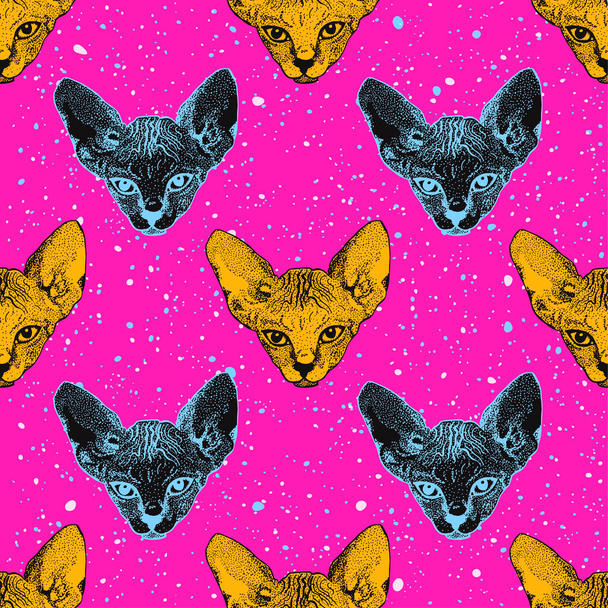 Heads sphinx kittens. The heads cat on the acid pink background with dots memphis. Print Pop art theme, T-shirts. Vector - Vector, Imagen