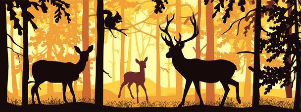 Horizontal banner of forest landscape. Deer with doe and fawn in magic misty forest. Squirrel on branch. Silhouettes of trees and animals. Black and orange background, illustration. Bookmark. - Vector, Image