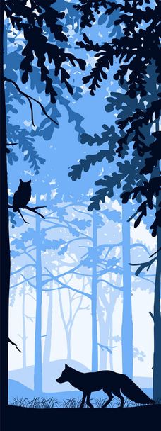 森林景観の垂直バナー。魔法の霧の森の中の狐とフクロウ。木や動物のシルエット。青、黒、イラスト。ブックマーク. - ベクター画像