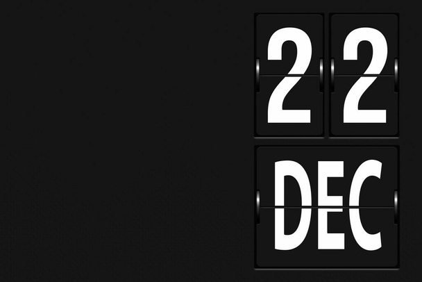 22 grudnia. Dzień 22 miesiąca, data kalendarza. Kalendarz w formie mechanicznej tablicy wyników. Miesiąc zimowy, koncepcja dnia roku - Zdjęcie, obraz