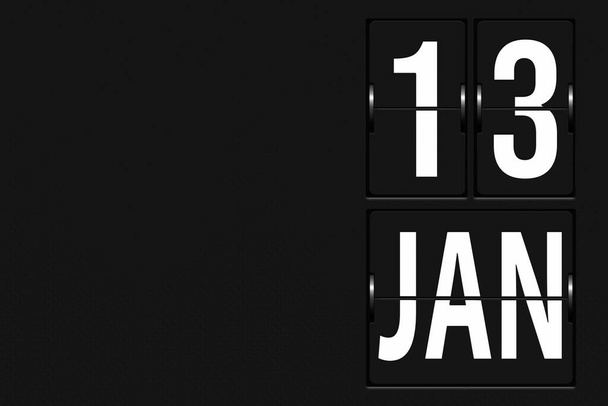 13 stycznia. Dzień 13 miesiąca, data kalendarza. Kalendarz w formie mechanicznej tablicy wyników. Miesiąc zimowy, koncepcja dnia roku - Zdjęcie, obraz