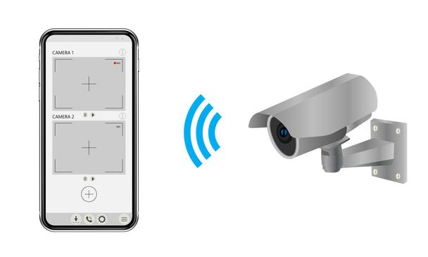 Videobewakingssysteem. Wi-Fi camera en smartphone app voor het bekijken van opnames. - Vector, afbeelding