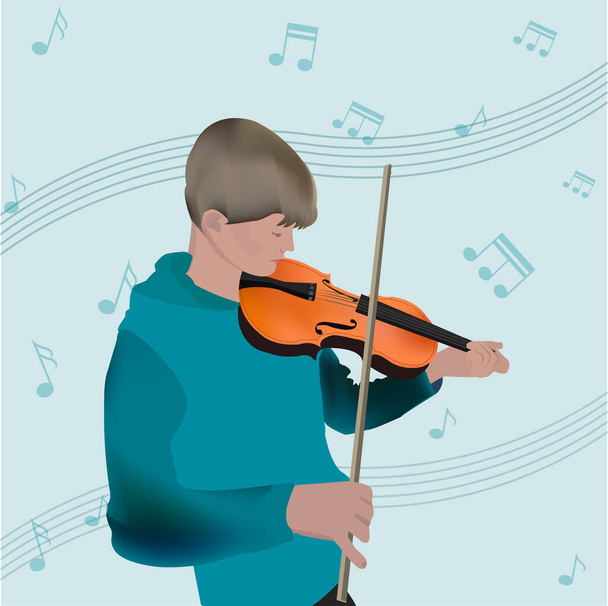 青い背景に音楽ノートを飛んでバイオリンを演奏男の子 - ベクター画像