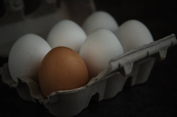huevos de gallina blancos y marrones en fondo oscuro - Foto, imagen