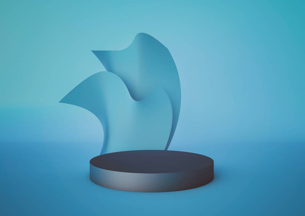 Blue podium with abstract wave shapes on the blue background. Podium for product, cosmetic presentation. Creative mock up. Pedestal or platform for beauty products. 3D rendering, 3D illustration. - Photo, Image