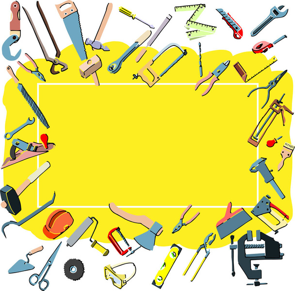 frame with hand tools on yellow background - Vector, Image
