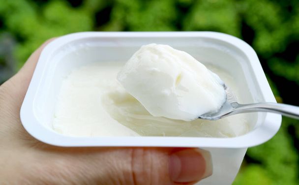 Nahaufnahme von Löffeljoghurt aus weißer Schüssel in Frauenhand - Foto, Bild