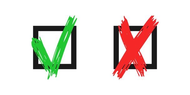 Ručně kreslené kontrolní a křížové prvky izolované na bílém pozadí. Grunge doodle green checkmark OK a červená X v černých čtvercových ikonách. Vektorová ilustrace - Vektor, obrázek