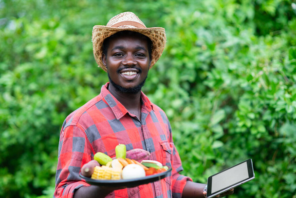 Αφρικανός αγρότης που εκτρέφει λαχανικά. Βιολογικά λαχανικά έτοιμα για σερβίρισμα στην υπηρεσία παράδοσης σαλάτας - Φωτογραφία, εικόνα