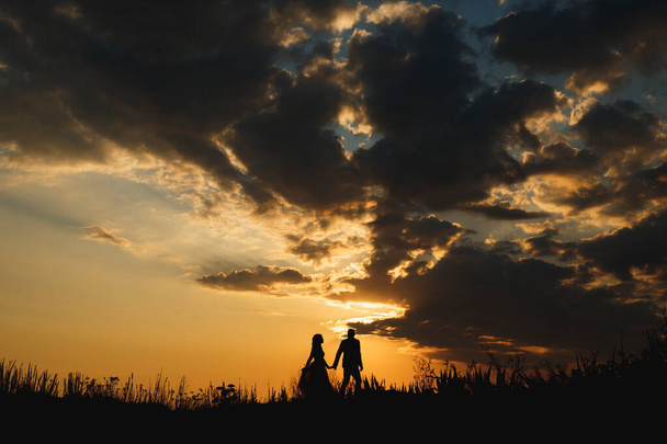 Silhouettes of man and woman walking along the plain on the background of a beautiful sunset sky  - Foto, immagini