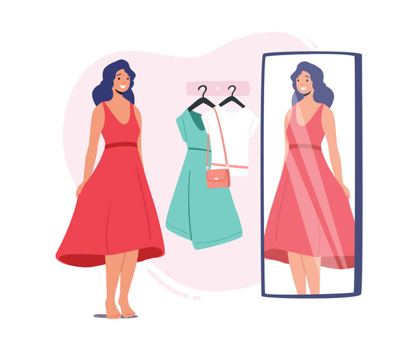 Giovane personaggio femminile che prova vestiti in spogliatoio al negozio, donna in abito nuovo stand in cabina con specchio - Vettoriali, immagini