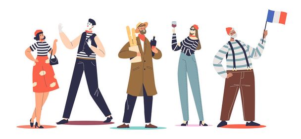 Set tipici francesi: mimi, donne in berretti con baguette e vino rosso - Vettoriali, immagini